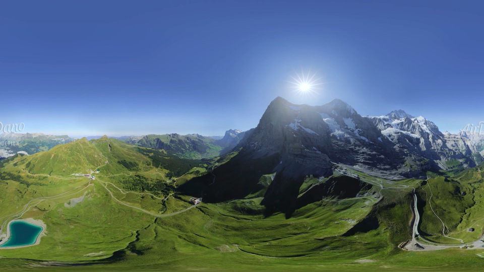【360° VR】劳特布龙嫩。有瀑布和山峰的山谷。瑞士。 12K航拍360度视频_超清 4K【元宇宙素材】